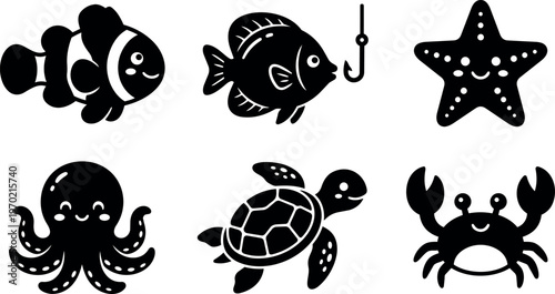 Black and white cute sea creatures including clownfish turtle and starfish vector art