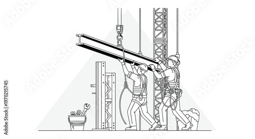 Two skilled construction workers wearing safety harnesses and helmets carefully guide a massive steel I-beam into place using a heavy-duty industrial crane hook.