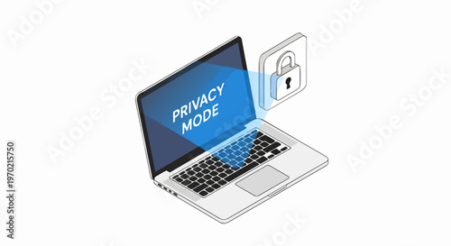 Isometric Laptop Illustration with Privacy Mode Text and Secure Padlock Icon, Cyber Security and Data Protection Concept for Digital Privacy and Online Safety