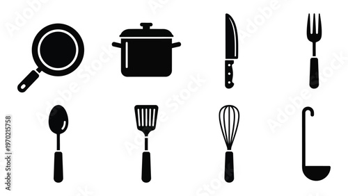 A collection of black kitchen tools including a frying pan pot knife and utensils presented as a silhouette high quality professional