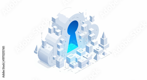 Isometric Cloud Computing Security Concept with Keyhole for Data Protection and Cyber Privacy