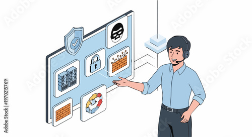 IT Support Professional Presenting Cybersecurity Solutions and Data Protection Dashboard for Business Network Security