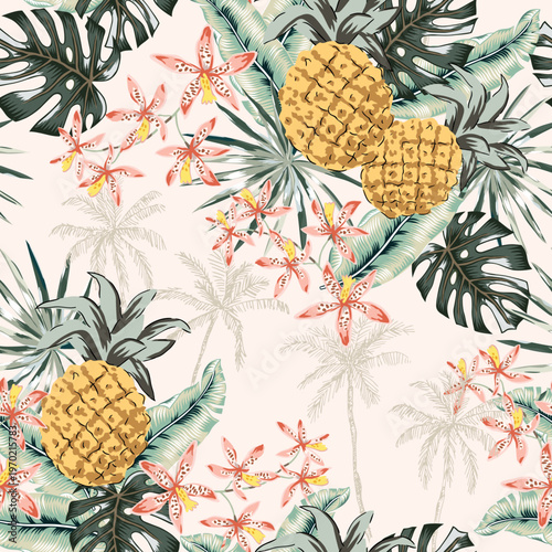 Tropical yellow pineapples, orchid flowers, monstera, banana palm leaves, palm trees silhouettes, blush background. Vector seamless pattern. Floral illustration. Exotic plants, fruits. Summer design