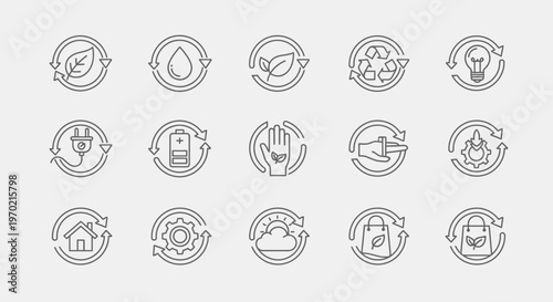 Sustainable and eco-friendly line icons set for environmental protection and recycling concepts