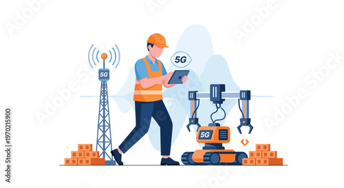 A forward-thinking construction worker utilizes a digital tablet to remotely control a sophisticated 5G robotic arm on a modern building site with bricks.