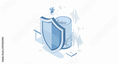 Smart Home Voice Assistant Cybersecurity Concept with Shield and Sound Waves Isometric Illustration