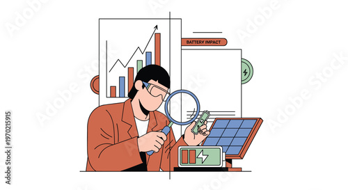 A dedicated researcher wearing safety goggles meticulously examines a battery component using a magnifying glass in front of complex data charts and solar panels.