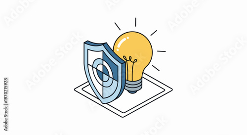 Intellectual Property Protection Concept: Isometric Illustration of a Shield Guarding a Glowing Light Bulb, Symbolizing Patent, Copyright, and Creative Security