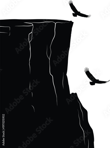 A black silhouette of a cliff with two birds flying overhead