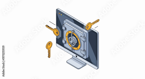 Isometric Cyber Security and Data Protection Concept: Computer Monitor with Bank Vault Door and Golden Keys on White Background