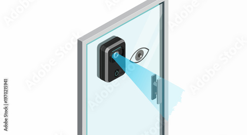 Isometric Smart Biometric Door Lock with Iris Recognition and Camera Scanner, Modern Security Access Control System on Glass Door