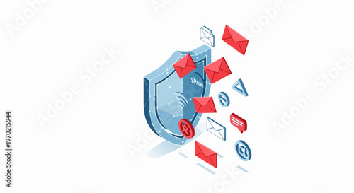 Isometric Email Security Concept with Shield Blocking Spam Envelopes and Phishing Messages for Cyber Protection
