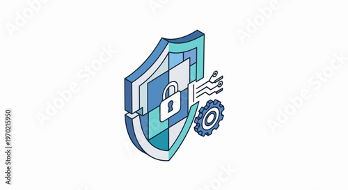 Isometric Cybersecurity Shield Icon with Padlock and Gear for Data Protection, Network Security, and Information Privacy Illustration