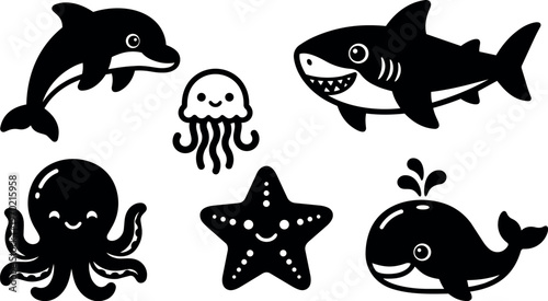 Black and white marine animals vector art with dolphin shark whale jellyfish starfish and octopus