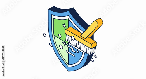 Isometric Shield Cleaning Illustration representing Cybersecurity, Antivirus Maintenance, and Data Protection Concepts