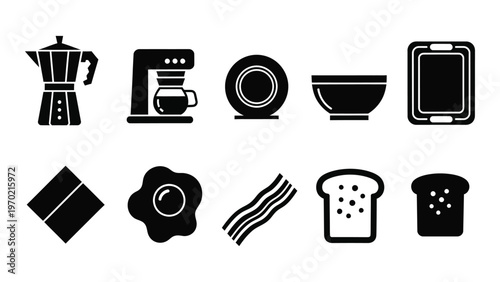 A collection of black silhouettes depicting common breakfast and kitchen items including coffee makers and food silhouette high quality professional detailed