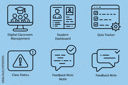 Digital classroom icons collection, vector set for dashboard management, quiz tracking, class status monitoring and feedback notes.