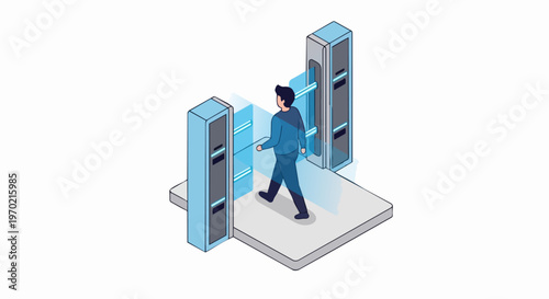 Isometric illustration of a person walking through a biometric security gate for identity verification and access control in a modern tech environment.