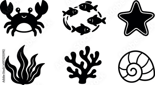 Black and white marine animals and coral vector icons with shell and seaweed