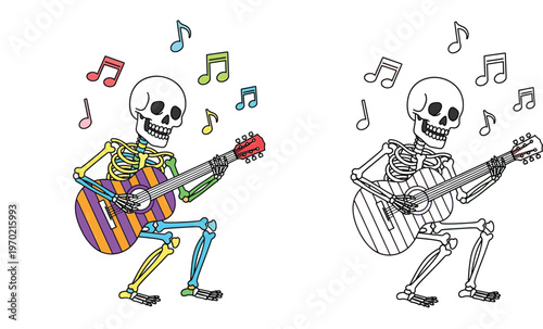 Musical skeleton playing acoustic guitar vector set, colorful character and black and white line art for coloring book, Day of the Dead and Halloween party illustration.