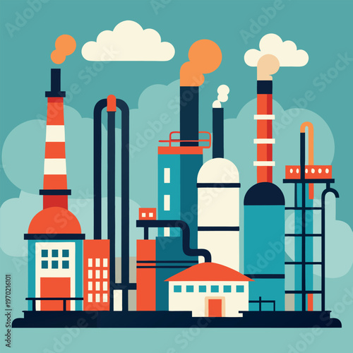 A refinery with smoke stacks-and pipes illustration  