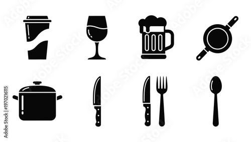 A collection of black silhouettes depicting various drinkware and cookware items showcasing kitchen and beverage essentials silhouette high quality professional detailed