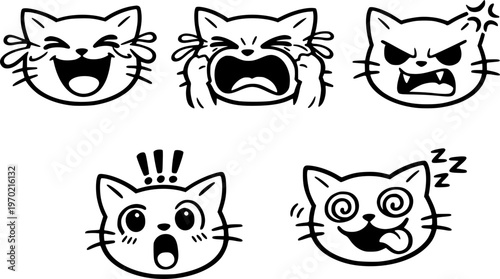 Funny Cat Emotion Doodle Set, Exaggerated Cartoon Cat Face Expressions Vector