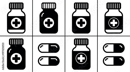 Black and white vector medicine bottles and capsules icons set
