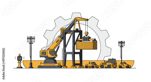 Powerful yellow port machinery including a massive crane and container handlers operates efficiently in front of a giant grey industrial gear at a shipping dock.