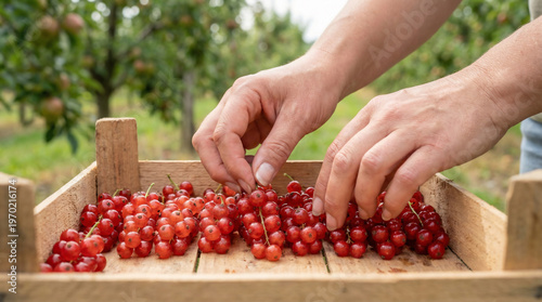 Two hands arranging fresh red currants in wooden crate