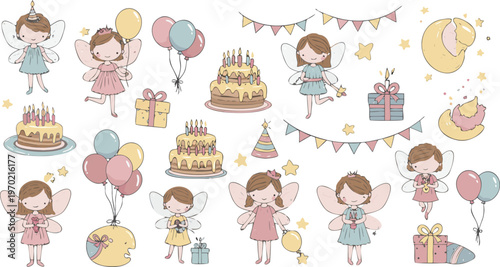 Whimsical illustration of birthday girl and party decorations with cakes and balloons