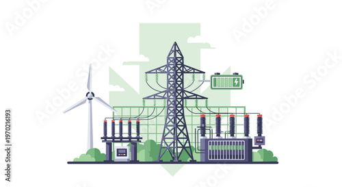 A modern electrical substation features a tall steel transmission tower, large power transformers, a white wind turbine, and a green battery storage indicator.