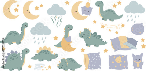 Cute cartoon dinosaurs and clouds for kids nursery or baby shower