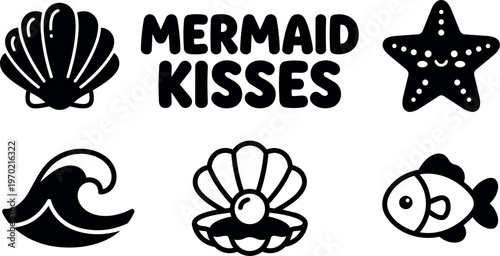 Mermaid kisses phrase with seashell starfish wave and fish icons black and white vector art