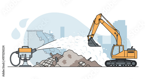 A powerful yellow excavator operates near a specialized dust suppression machine spraying a fine mist over a pile of rubble at an urban construction site.
