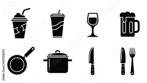 A collection of black silhouette icons depicting various beverages and kitchenware including a wine glass and frying pan silhouette high quality