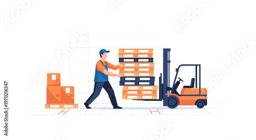 A dedicated warehouse employee wearing a blue cap and orange shirt manually maneuvers a tall stack of wooden pallets toward a stationary industrial forklift.