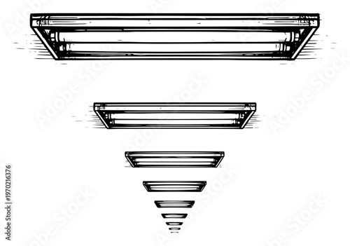 Vintage woodcut style illustration of fluorescent light tubes in descending perspective