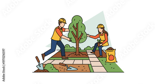 A pair of professional landscapers wearing yellow hard hats and safety vests work together to plant a young green tree in a meticulously designed garden.