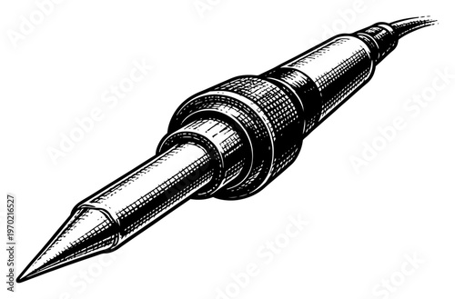 Stylized engraving of a professional audio jack connector plug in retro woodcut technique