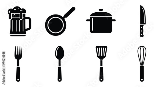 A collection of black kitchen utensils including a beer mug cookware and cutlery presented as a silhouette high quality professional detailed