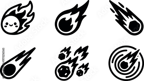 Black and white cute fireball and meteor icons set vector art