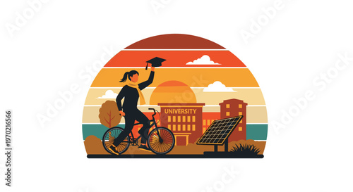 A joyful female graduate wearing a black academic gown and cap celebrates her achievement while riding a bicycle past campus buildings and modern solar panels.