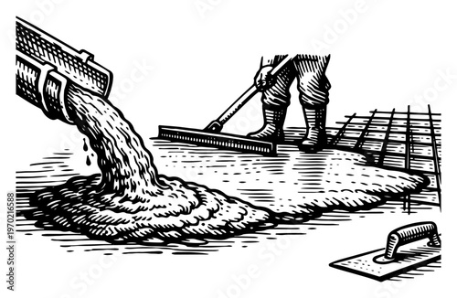 Construction worker leveling wet concrete poured from a chute in vintage woodcut style