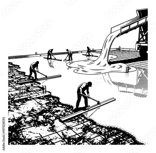 Team of construction workers leveling fresh concrete floor slab on a building site in engraving style