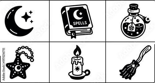 Black and white magical icons with moon stars spells book candle and broom
