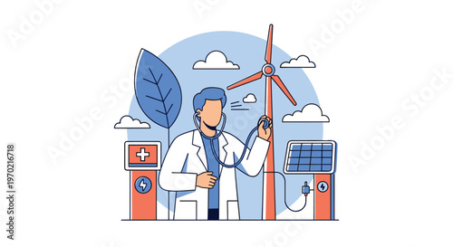 A dedicated environmental scientist wearing a white lab coat uses a medical stethoscope to monitor a tall wind turbine near solar panels and stations.