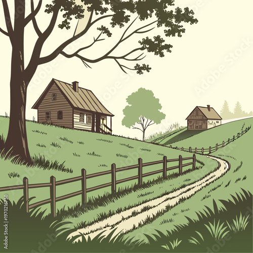 A picturesque idyllic countryside scene depicts a charming wooden house nestled among rolling green hills and lush foliage high quality