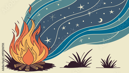 Abstract fire oil painting illustration. Flames of a bonfire against Beautiful night starry sky, Blue Cosmos, galaxy, stars. Colorful space background