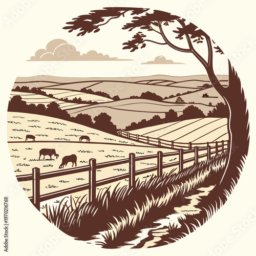 A vintage style illustration depicts a peaceful rural landscape with rolling hills grazing livestock and a weathered fence high quality